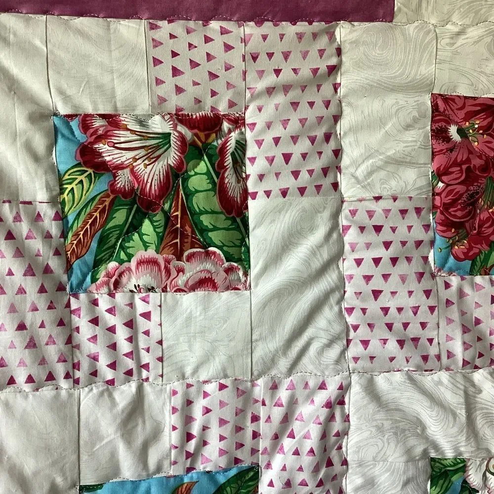 NWT. Hand Crafted Floral Patchwork Quilt with Pink and White Accents